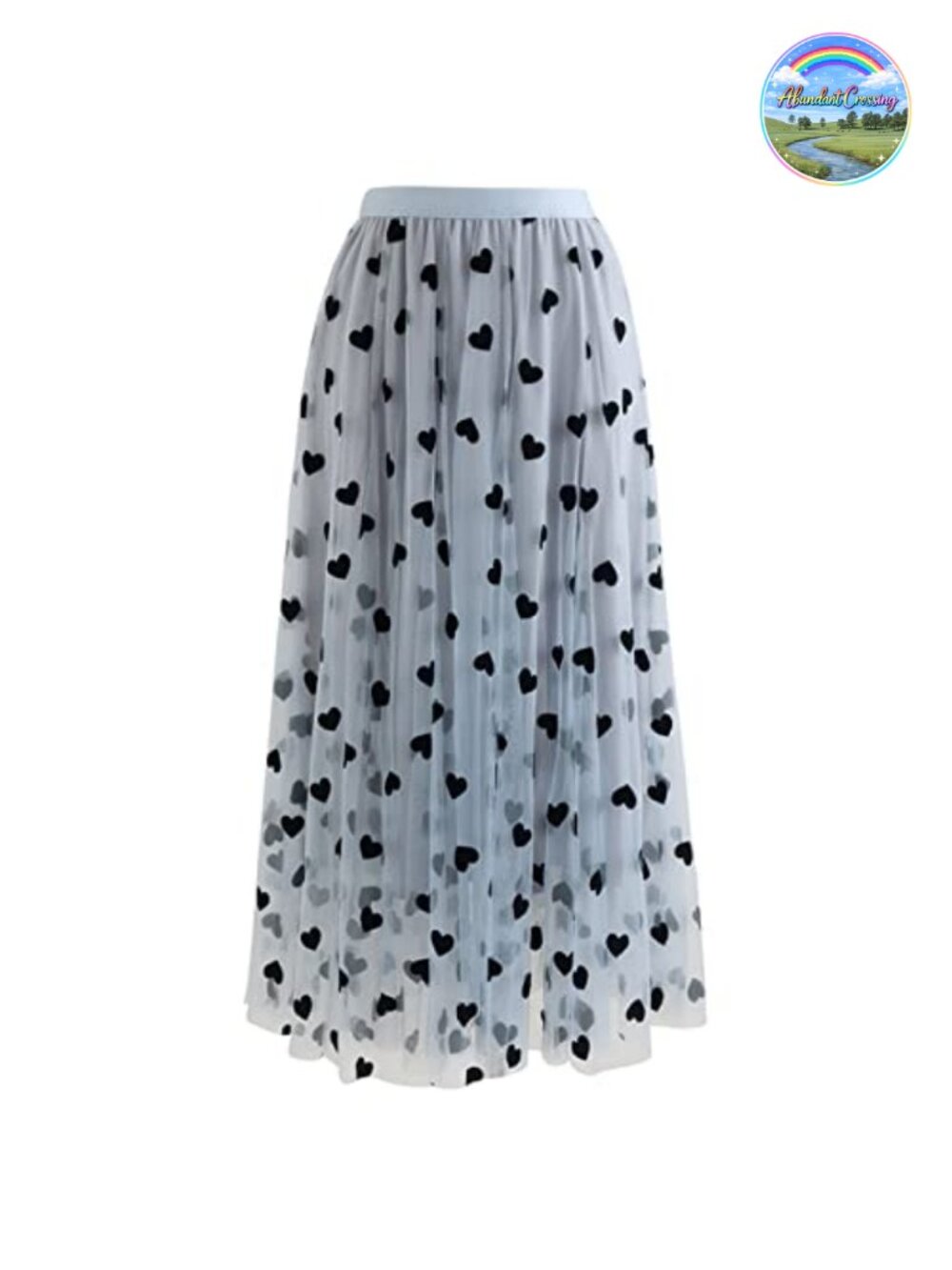 3D Heart Double-Layered Mesh Midi Skirt, Elastic Waist, Fully Lined